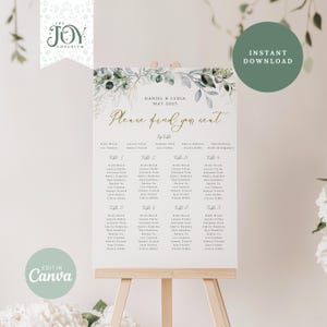 May include: A printable wedding seating chart with a green and white floral design. The chart includes the names "Daniel & Lydia" and the date "May 2023". The text "Please find your seat" is written in gold script. The chart is divided into tables with names and guest lists.
