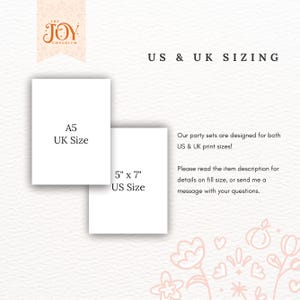 May include: A white card with the text "The Joy Emporium" in orange lettering. The card also has the text "US & UK Sizing" in black lettering. Below the text, there are two white cards with the text "A5 UK Size" and "5" x 7" US Size" in black lettering.