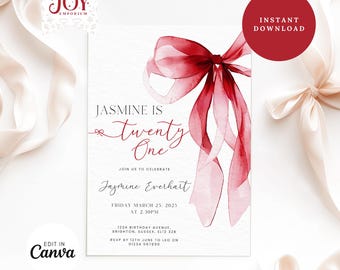 Personalised 21 Red Bow Invite | Editable Birthday Invitation | 21st Birthday Invite | Red Bow 21st Birthday Invite | Coquette Style Party
