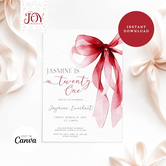 Personalised 21 Red Bow Invite | Editable Birthday Invitation | 21st Birthday Invite | Red Bow 21st Birthday Invite | Coquette Style Party