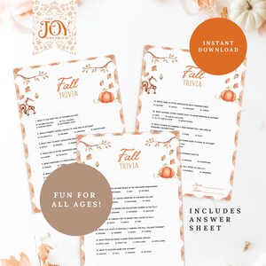 "Three printable Fall Trivia game sheets on a white background with pumpkins and leaves. Includes questions about fall and Thanksgiving. Text overlay reads 'Instant Download, Fun for All Ages, Includes Answer Sheet.'"