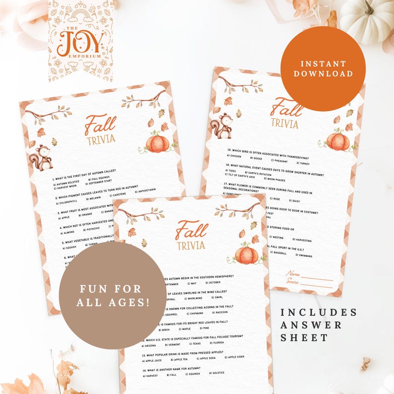 "Three printable Fall Trivia game sheets on a white background with pumpkins and leaves. Includes questions about fall and Thanksgiving. Text overlay reads 'Instant Download, Fun for All Ages, Includes Answer Sheet.'"
