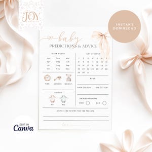Beige strik babyshower voorspellingen | Bewerkbare voorspellingskaarten | Genderneutraal adviessjabloon | Direct downloaden | Aanpasbare advieskaart