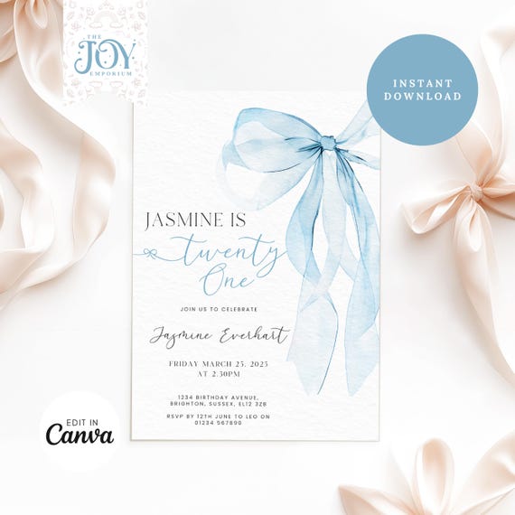Personalised 21 Blue Bow Invite | Editable Birthday Invitation | 21st Birthday Invite | Blue Bow 21st Birthday Invite | Coquette Style Party