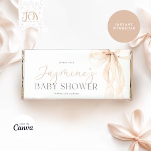 Pode incluir: Uma etiqueta de favor de chá de bebê imprimível com uma ilustração em aquarela de um laço e uma fita. A etiqueta é branca com texto preto que diz "23 de maio de 2025 Chá de Bebê da Jasmine Obrigado por vir".