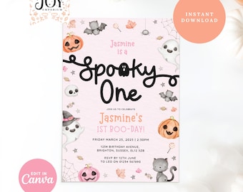 Spooky One Birthday Invitation Girl: Pink Ghost 1st Birthday (Digital Template)