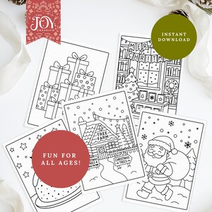 A collage of five printable Christmas colouring sheets featuring wrapped presents, a decorated bookshop window, a tree farm, Santa carrying a sack of gifts, and a festive scene with stars. A green circle marks “Instant Download,” and a red circle reads “Fun for all ages,” surrounded by pinecones and ribbon for a seasonal aesthetic.