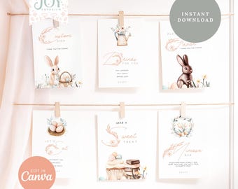 Può includere: Set di cartelli stampabili per una festa di Pasqua con un coniglio, uova e illustrazioni floreali. I cartelli includono "Custom Sign", "Drinks for You", "Let's Eat", "Grab a Sweet Treat", "Flex Favors" e "Mimosa Bar".