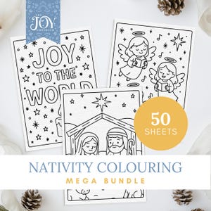 May include: A set of black and white nativity colouring pages. The illustrations include angels, the nativity scene, and the words "Joy to the World." A round sticker indicates 50 sheets are included.