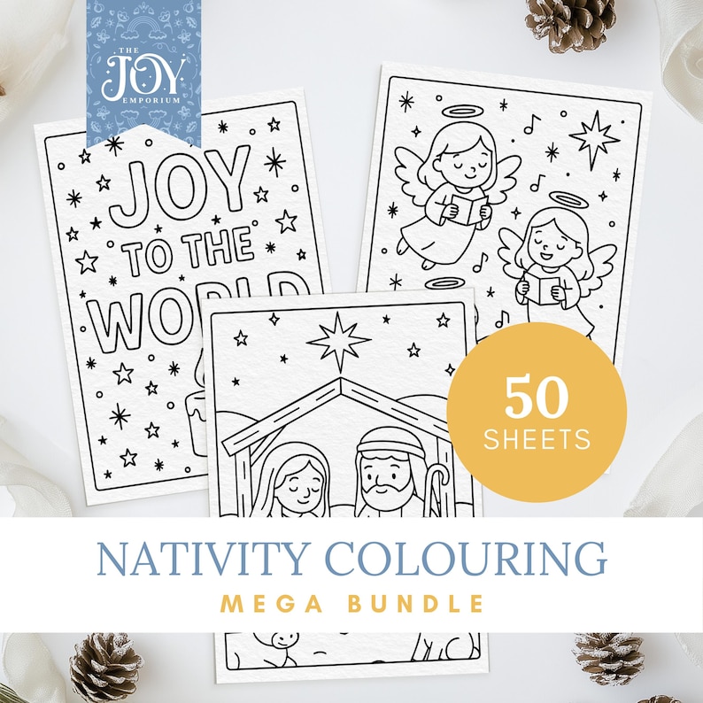 This Nativity Colouring Mega Bundle features 50 Christian Christmas printable colouring pages, including Baby Jesus colouring, angels, manger scenes, and joyful Christmas Nativity artwork. A perfect religious Christmas activity for kids, Sunday School crafts, Bible verse colouring, and faith-filled family creativity. Ideal Christian colouring pages for learning the Christmas story.