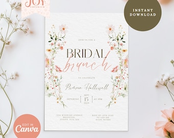 Invitación de brunch nupcial con flores silvestres: Plantilla floral editable (descarga digital)