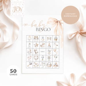 May include: A printable baby bingo card with 25 squares featuring illustrations of baby items such as a rattle, a rocking horse, a diaper bag, and a baby bottle. The card has the words "baby bingo" in a cursive font at the top.