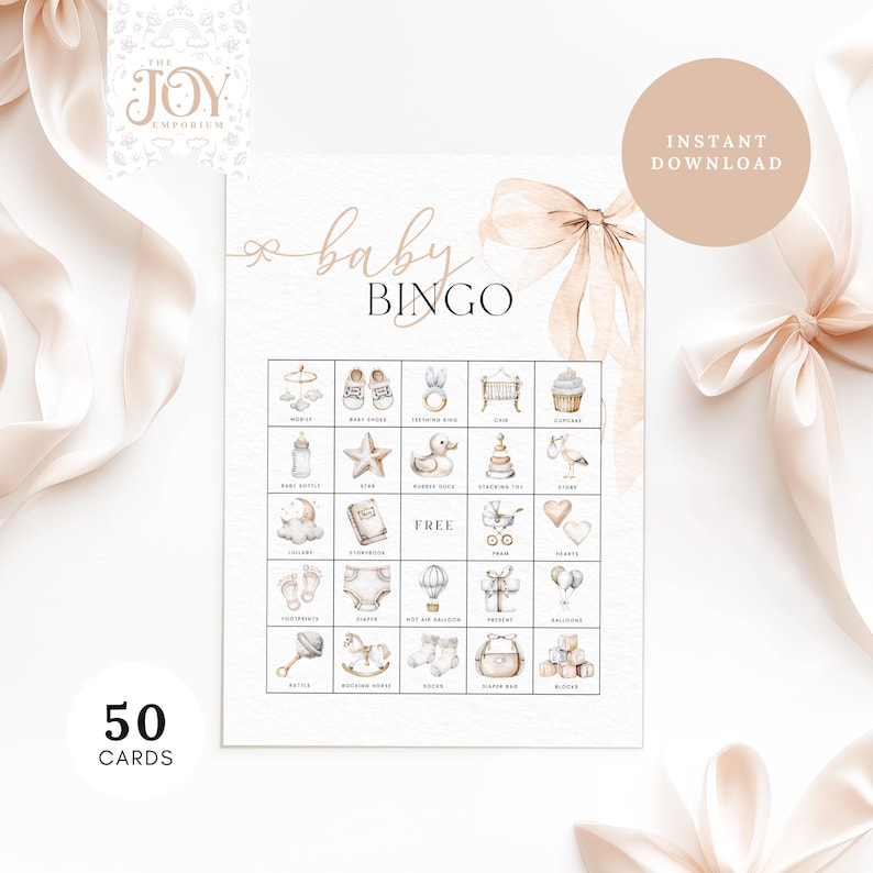 May include: A printable baby bingo card with 25 squares featuring illustrations of baby items such as a rattle, a rocking horse, a diaper bag, and a baby bottle. The card has the words "baby bingo" in a cursive font at the top.
