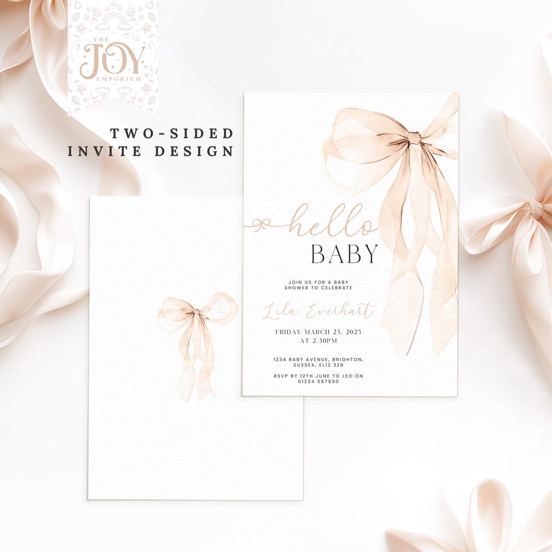 May include: Two-sided baby shower invitation with a watercolor illustration of a pink ribbon bow. The text on the invitation reads "hello baby" and includes the date, time, and location of the shower.