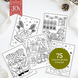 A preview of five Christmas colouring pages including a holiday bell with pine branches, a sweet shop with candy décor, elves baking gingerbread houses, and Santa with Mrs. Claus beside a cozy fireplace. A green badge displays “75 colouring pages,” with pinecones and ribbon framing the layout for a festive look.