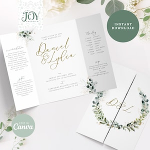 Hochzeitseinladung Klappkarte | Salbei Grün Rustikal Einladen Elegantes grünes Design | Eukalyptus-Hochzeits-kundenspezifische Reihe | Benutzerdefinierte Canva Vorlage