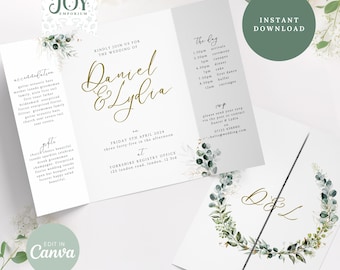 Gatefold Wedding Invitation | Sage Green Rustic Invite | Elegant Greenery Design | Eucalyptus Wedding Custom Suite | Custom Canva Template