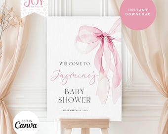 Pink Bow Baby Shower Welcome Sign | Editable Template | Digital Download | Girl Baby Shower Decor | Baby Shower Decorations | Printable