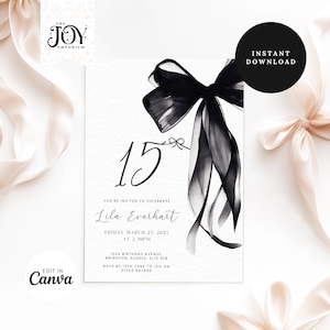 Può includere: Un invito stampabile in bianco e nero con un grande fiocco nero e il testo "15" per una festa di compleanno di 15 anni. L'invito include il nome "Lila Everhart", la data "Venerdì 25 marzo 2025", l'ora "14:30", l'indirizzo "1234 Birthday Avenue, Brighton, Sussex, EL12 328" e le informazioni RSVP.