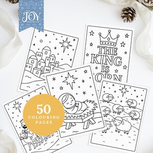 This Christian colouring bundle showcases Nativity scenes like Baby Jesus in the manger, ‘The King Is Born’ Bible verse page, Bethlehem landscapes, shepherds with sheep, and starry skies. A meaningful religious Christmas activity for Sunday School, Bible lessons, kids Christmas crafts, and faith-inspired family colouring time. Includes 50 Nativity printable pages.
