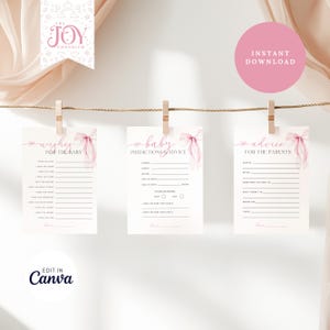 Pink Bow Baby Advice Cards / Auguri modificabili per i genitori / Gioco stampabile per baby shower / Download immediato / Idee per attività divertenti