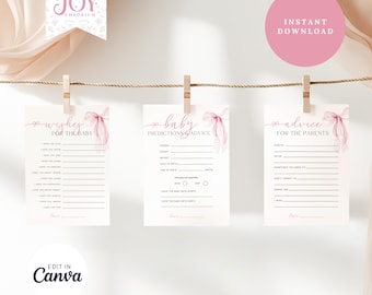 Pink Bow Baby Advice Cards | Editable Wishes for Parents | Printable Baby Shower Game | Instant Download | Fun Activity Ideas