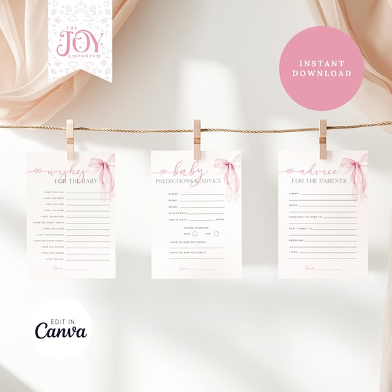 Pink Bow Baby Advice Cards | Editable Wishes for Parents | Printable Baby Shower Game | Instant Download | Fun Activity Ideas