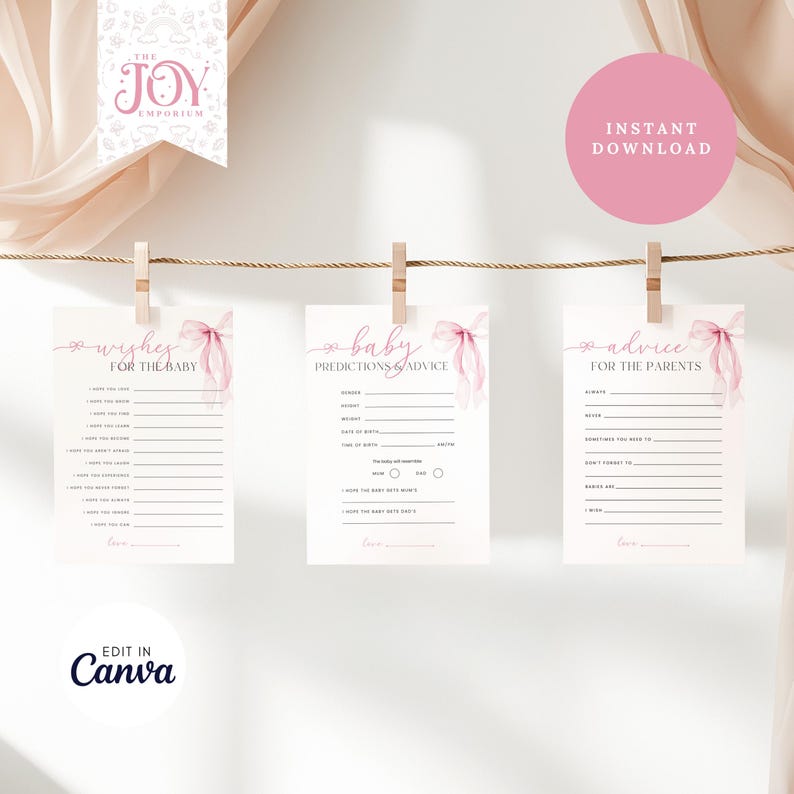 Pode incluir: Tr&ecirc;s cart&otilde;es de jogo de ch&aacute; de beb&ecirc; imprim&iacute;veis com la&ccedil;os de aquarela rosa. Os cart&otilde;es s&atilde;o intitulados "Desejos para o beb&ecirc;", "Previs&otilde;es e conselhos para o beb&ecirc;" e "Conselhos para os pais".