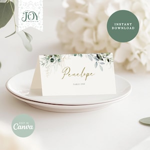 Tarjetas de lugar de eucalipto para bodas / Etiquetas de nombre plegables / Decoración de vegetación personalizada / Decoración de mesa rústica / Decoración de vegetación personalizada