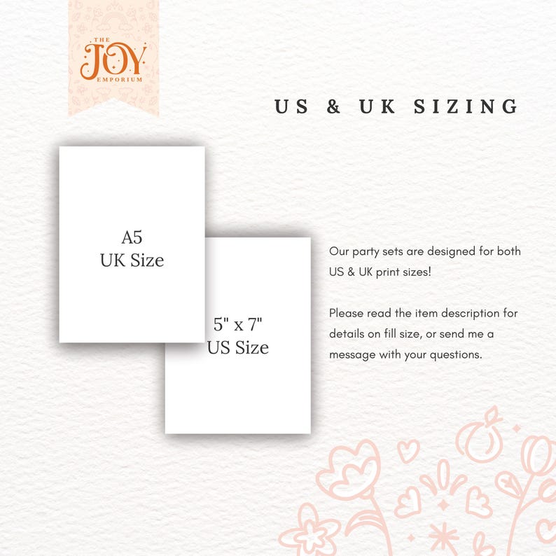 May include: A white card with the text "THE JOY EMPORIUM" in orange. The card also has the text "US & UK SIZING" in black. Below the text, there are two white cards with the text "A5 UK Size" and "5" x 7" US Size" in black.