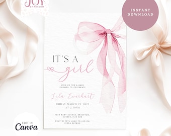 Minimalist Pink Bow Baby Shower Invitation | Digital Download | Editable Template | It's A Girl | Coquette Baby Shower | Canva