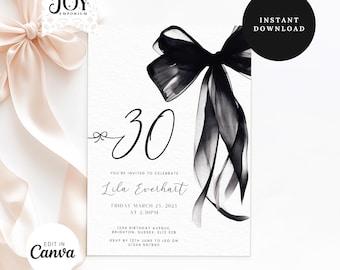Elegante uitnodiging voor 30e verjaardag | Bewerkbare zwarte strik verjaardagsuitnodiging | Minimalistisch ontwerp met zwart lint | Afdrukbare uitnodiging voor flirt