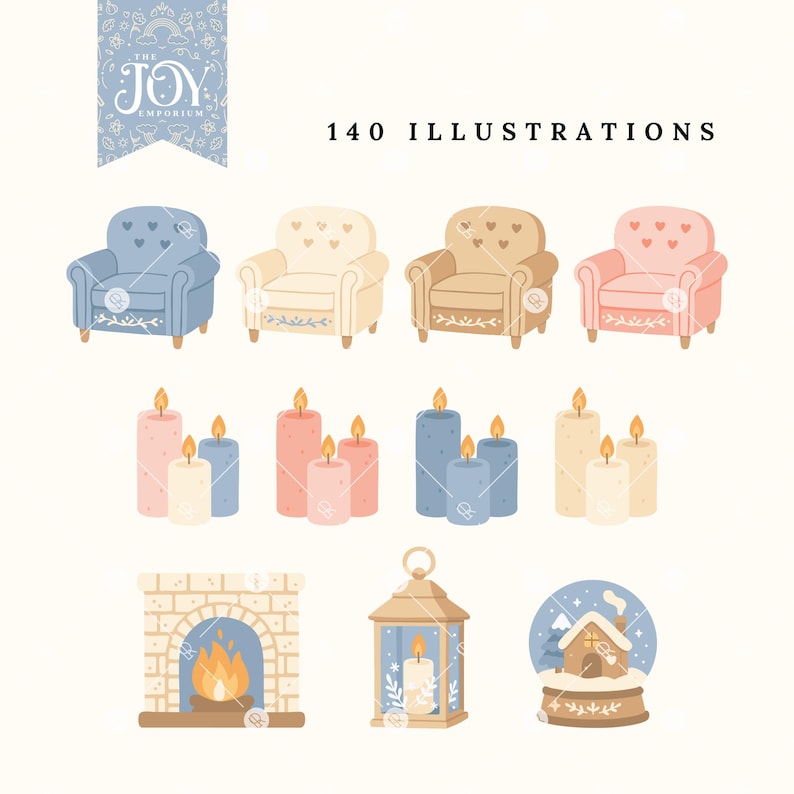 Cozy Winter Clipart featuring armchairs, pillar candles, a brick fireplace, lantern, and snow globe. Watercolor Christmas illustrations in blue, pink, cream, and beige cottagecore style.