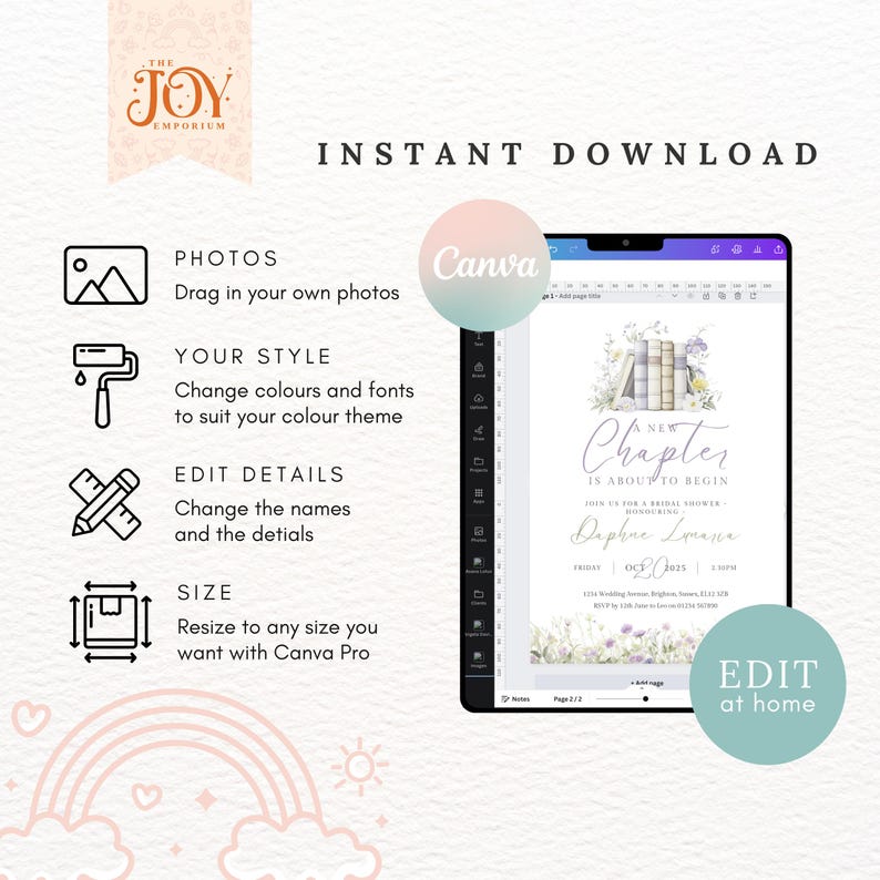 Puede incluir: Plantilla de invitaci&oacute;n digital editable para una despedida de soltera con tem&aacute;tica de libros. La invitaci&oacute;n presenta una ilustraci&oacute;n de acuarela de libros apilados con flores y el texto "Un nuevo cap&iacute;tulo est&aacute; a punto de comenzar".