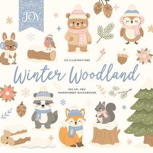 Op de afbeelding: Een verzameling winterbos illustraties met verschillende dieren zoals een beer, uil, vos en eekhoorn, allemaal met winteraccessoires. De tekst "Winter Woodland" staat in lichtblauw geschreven, samen met andere details.