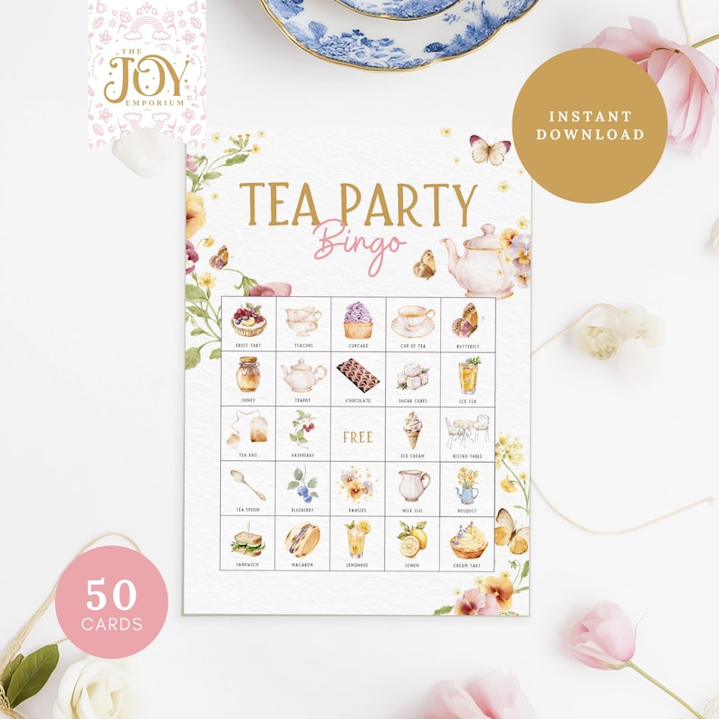May include: A printable tea party bingo card with a floral design. The card has 25 squares with images of tea party items, such as teacups, teapots, and cupcakes. The card also has the words "Tea Party Bingo" at the top.