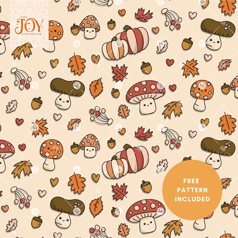 Op de afbeelding: Een herhalend patroon met cartoon paddenstoelen, pompoenen, eikels en herfstbladeren in bruin-, oranje- en roodtinten op een cr&egrave;mekleurige achtergrond. De tekst "FREE PATTERN INCLUDED" staat in een cirkel.