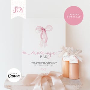 Pink Bow Mimosa Sign | Baby Shower Decor | Canva Template | Bubbly Bar Sign | Juice Tags | Editable Baby Shower Sign | Printable Sign