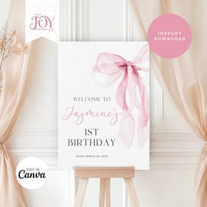 Pink Bow Welcome Sign | Bow 1st Birthday Welcome Sign | 1st Birthday Girl | Editable Template | Modern Party Decor | Printable Party Sign