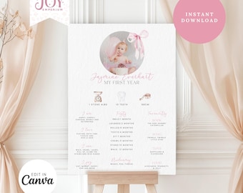 Pink Bow Birthday Milestone Sign | Editable 1st Birthday Poster | First Year Stats | Printable Decor | Editable Pink Bow Milestone Board