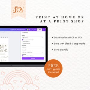 May include: A laptop screen displaying a digital download page for a baby shower invitation. The invitation features a pink and white color scheme with the text "Baby is on the way" and a floral design. The download page includes options for file type, color profile, and preferences. The text "Print at home or at a print shop" is displayed above the laptop screen. The text "Free print guide included" is displayed below the laptop screen.