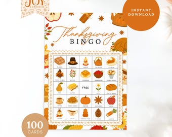May include: Thanksgiving Bingo game card with a white background and colorful illustrations of fall-themed items. The card includes the text "Thanksgiving Bingo" and "100 Cards". An orange circle says "Instant Download".