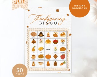 Pode incluir: Cartão de jogo de bingo de Ação de Graças com uma borda decorativa e ilustrações de itens temáticos de Ação de Graças. O cartão inclui o texto "Thanksgiving Bingo" e "Download instantâneo". O cartão tem 50 cartões disponíveis.