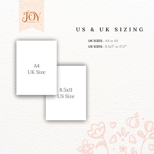 May include: A graphic showing the different sizes for paper prints. The text reads "US & UK Sizing" and lists the UK sizes as "A4 or A5" and the US sizes as "8.5x11" or "5x7".