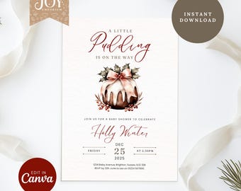 Mall för inbjudan till babyshower | En liten pudding är på väg | Julbabyshower | För tjejer | Canva-mall | Direktnedladdning