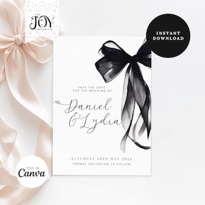 Może przedstawiać: Czarno-biała karta z zaproszeniem na ślub z akwarelową ilustracją czarnej kokardki. Tekst brzmi "Save the Date for the Wedding of Daniel & Lydia, Saturday 20th May 2024, Formal Invitation to Follow."