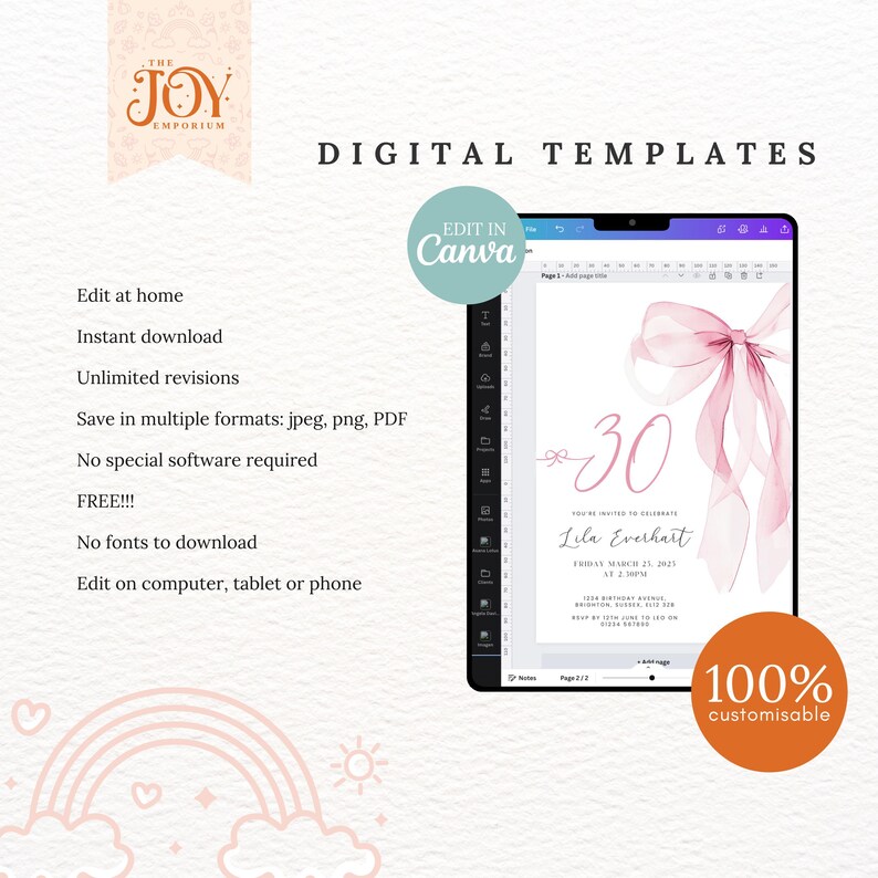 K&ouml;nnte beinhalten: Eine digitale Vorlage f&uuml;r eine 30. Geburtstagseinladung. Die Einladung zeigt eine rosafarbene Aquarellschleife und den Text "You're invited to celebrate Lila Everhart Friday March 21, 2023 at 2:00PM". Die Vorlage ist zu 100% anpassbar und kann in Canva bearbeitet werden.