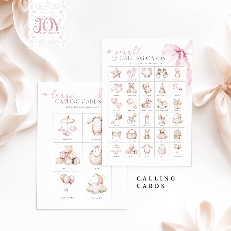 May include: Printable baby shower calling cards with pink and white watercolor illustrations of baby items. The cards are labeled "large calling cards" and "small calling cards" and include instructions to cut along the dashed lines.