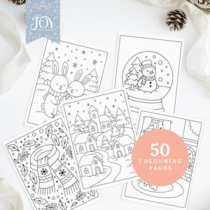 Winter colouring pages featuring bunnies in scarves, a snow globe, snowy village, and Christmas scarf. Printable Christmas colouring sheets for adults and kids, great for holiday crafts, cozy colouring nights, and festive creative fun.
