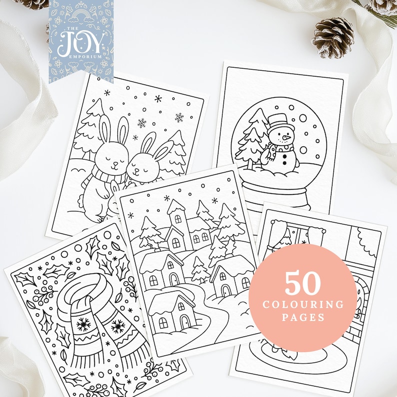 Winter colouring pages featuring bunnies in scarves, a snow globe, snowy village, and Christmas scarf. Printable Christmas colouring sheets for adults and kids, great for holiday crafts, cozy colouring nights, and festive creative fun.